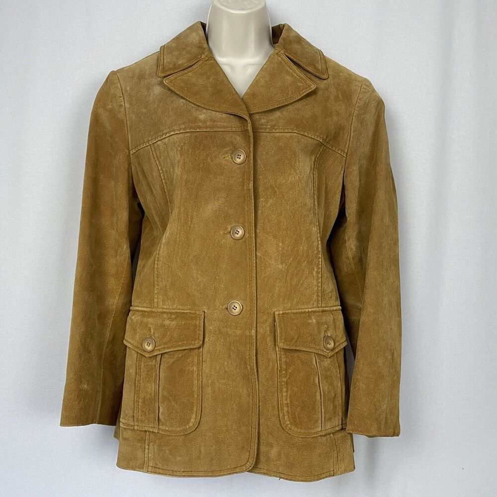 VINTAGE Columbia Suede Jacket Womens Medium Brown Pockets 70s Western Leather